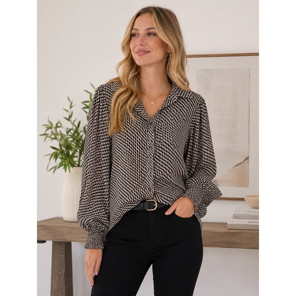 Muse Republic Clothing Sheer Button Front Blouse Size Small Balloon Sleeves